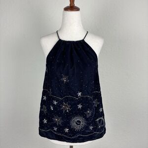 Anthropologie Let Me Be XS Velvet Tank Celestial Moon & Star Embroidered Blue